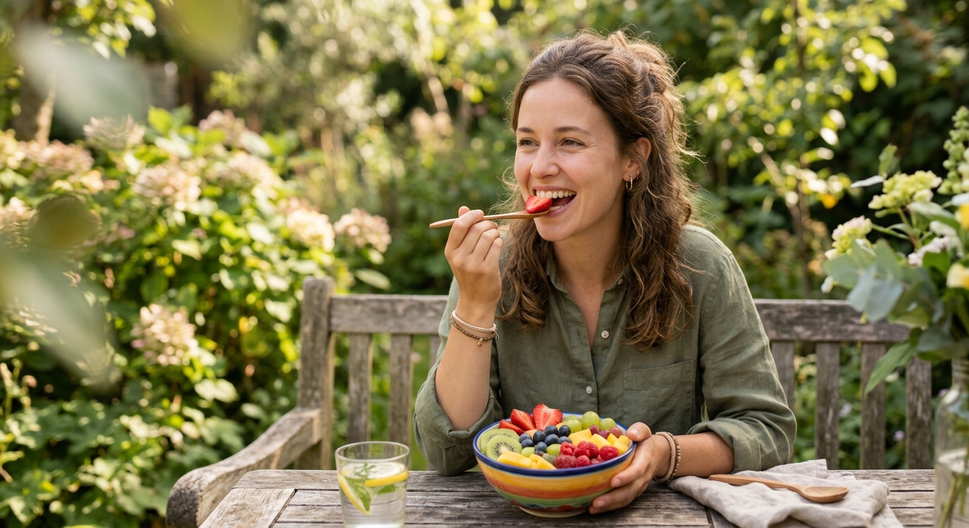 Person der spiser frugt som del af en tandvenlig sund kost