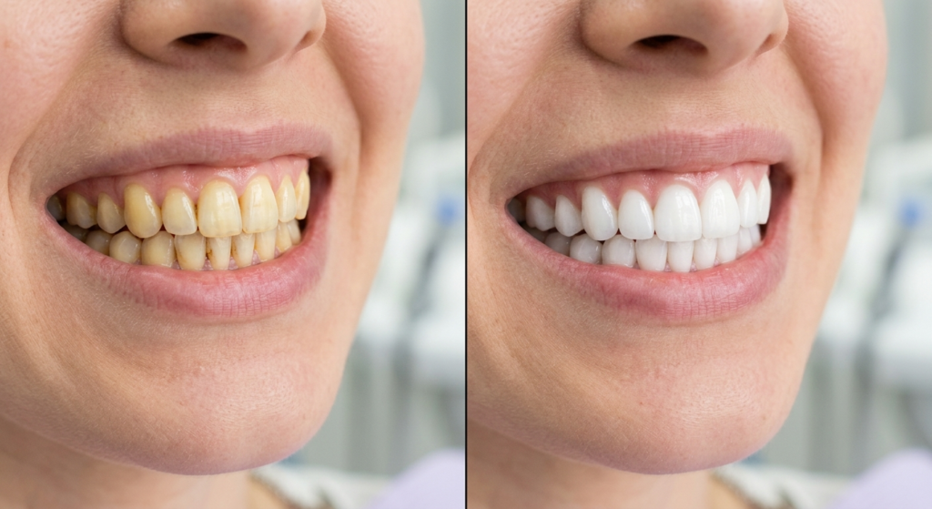Sammenligning af gule tænder og hvide tænder efter whitening-behandling