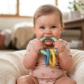 Baby med tegn på tandfrembrud tygger på bidering