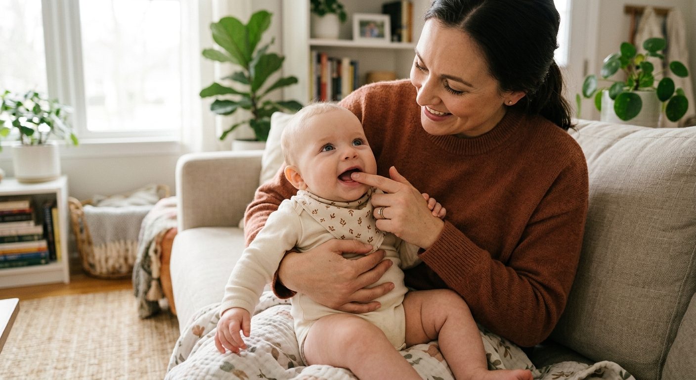 Forælder undersøger babys tandkød for tegn på tandfrembrud