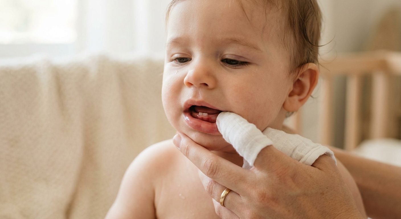 Nærbillede af hævet tandkød hos baby under tandfrembrud